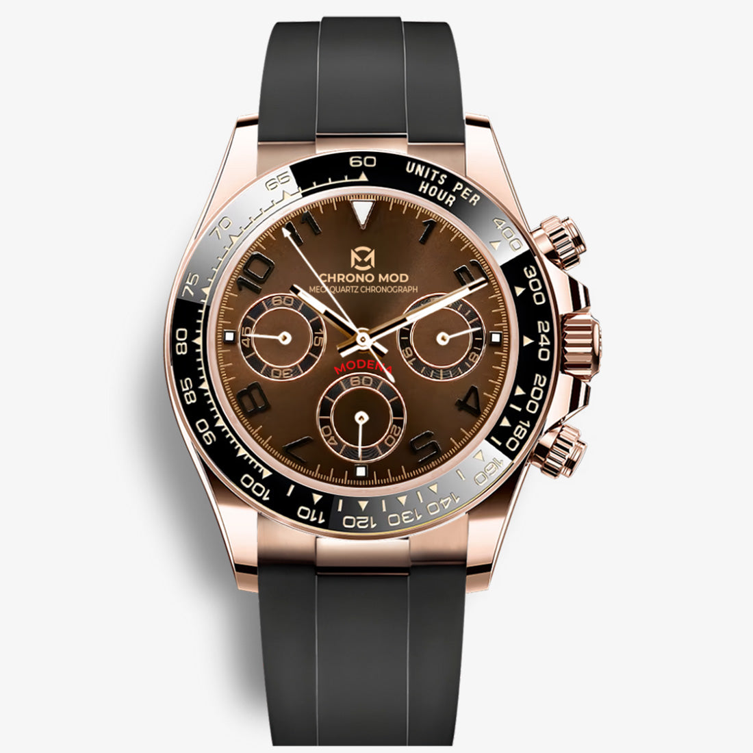 Modena – Chocolate Dial · Rose Gold Chronograph Rubber Strap